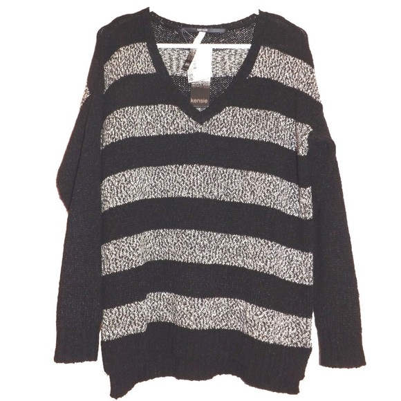 Kensie Women Sweater Black Marled Long Sleeve V-Neck Striped Medium Size - Picture 1 of 2
